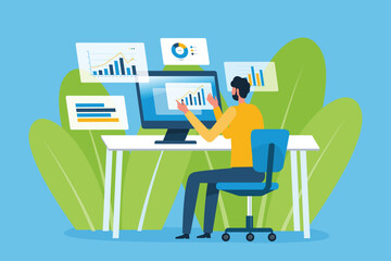 flat vector illustration design Data Scientist and data analysis concept. business people working with information graph dashboard monitors. a man working at desk, analyzing data on a computer
