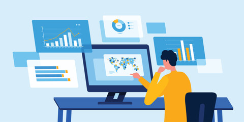 flat vector illustration design Data Scientist and data analysis concept. business people working with information graph dashboard monitors. a man working at desk, analyzing data on a computer
