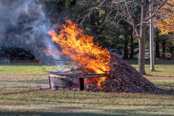 Burning fall leaves on a windy day  in autumn