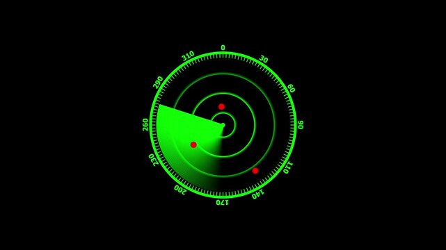 Radar screen navigation signal tracking target. Futuristic digital display technology defense system.Green radar screen displaying circular scan lines and three red target blips against a black.