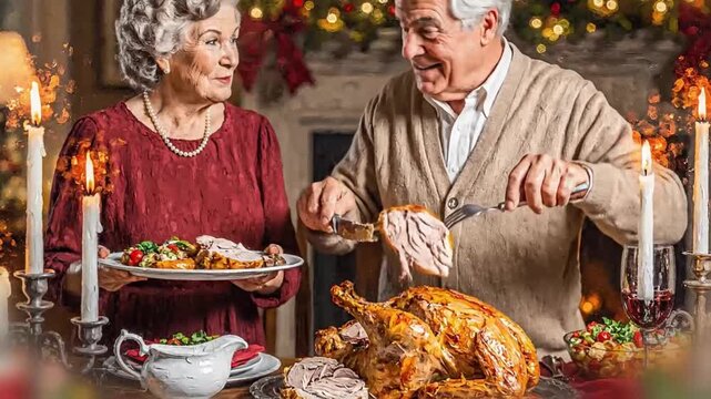 impressionist oil scene capturing grandparents carving a turkey with visible brush texture and candle glow reflecting on plates, nostalgic atmosphere