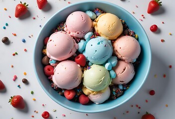 Delicious colorful ice cream scoops in a blue bowl with fresh strawberries