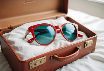 Retro red sunglasses resting inside an open vintage suitcase on a white surface