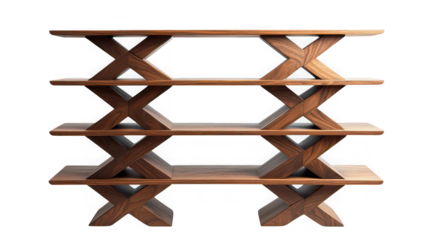 A wooden shelf with four levels and an x shaped design on a black background in a studio setting