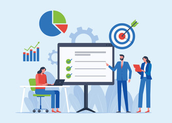 group business marketing team working meeting and strategic planning for business target success. people presenting data on a large screen. flat illustration design teamwork for business growth
