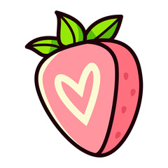 A Cute Pink Strawberry with a Heart Shape Inside and Green Leaves on a Transparent Background