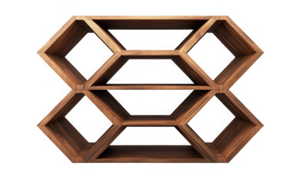 A wooden shelf with a geometric design featuring diamond and hexagon shapes against a black background