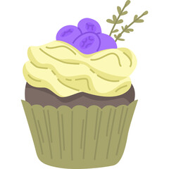 A delicious chocolate cupcake with creamy yellow frosting topped with purple blueberries and a sprig of green leaves on a transparent background