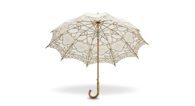 An elegant antique lace parasol with a decorative handle and intricate floral patterns.
