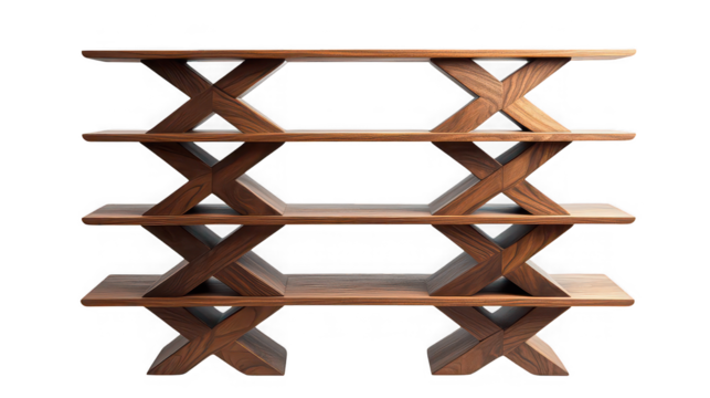 A wooden shelf with four levels and an x shaped design on a black background in a studio setting