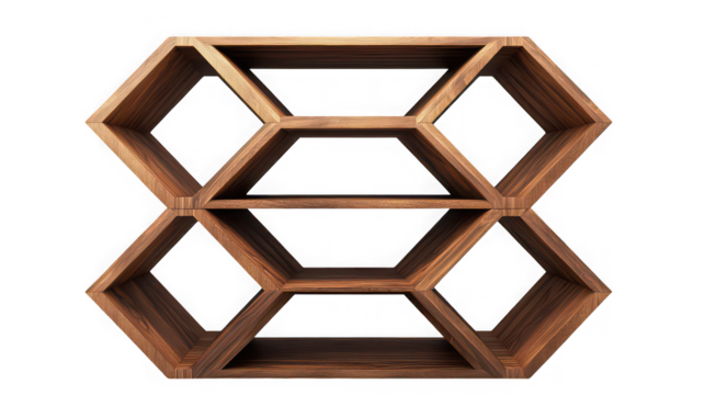 A wooden shelf with a geometric design featuring diamond and hexagon shapes against a black background