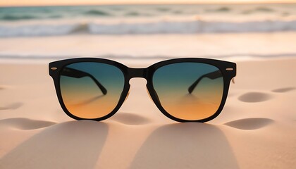 Stylish sunglasses resting on a sandy beach with ocean waves in the background