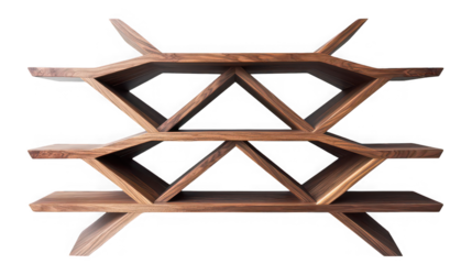 A wooden shelf with a unique design featuring triangular and linear patterns against a black background