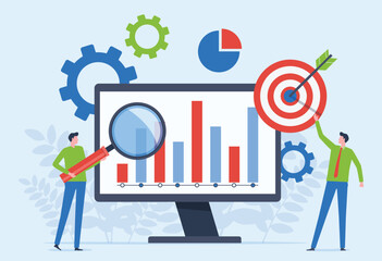business team working and analyzing data information for business targets planning concept. flat vector illustration design 
