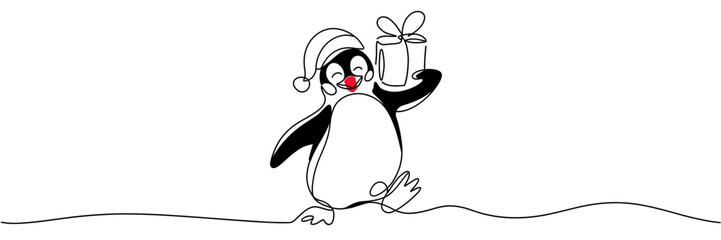 Obraz premium Cute penguin with red nose in Santa hat holding gift, single line drawing with color accents on white background