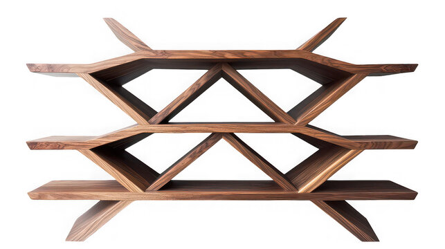 A wooden shelf with a unique design featuring triangular and linear patterns against a black background