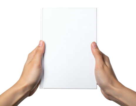 Two hands holding a blank, white book against a solid black background, front view