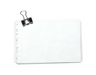 A white rectangular paper notepad with a metal binder clip on top