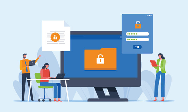 business flat vector illustration design concept data security and server administrator and developer team working together
