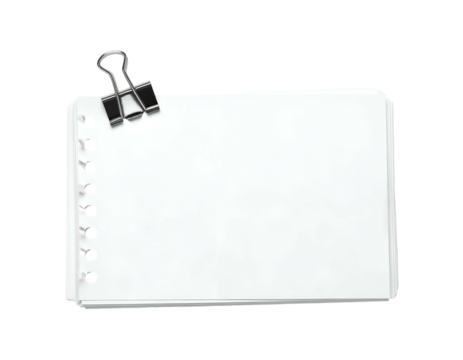 A white rectangular paper notepad with a metal binder clip on top