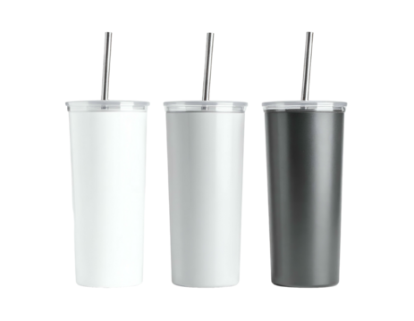 Three sleek insulated tumblers with metal straws, various colors, isolated against a black background