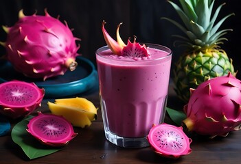 Vibrant dragon fruit smoothie with pineapple and exotic fruits