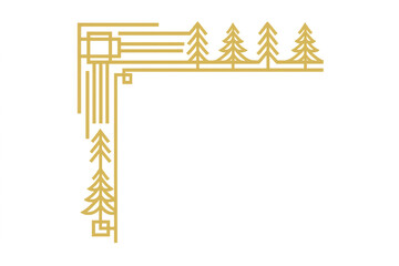 Decorative line art border with geometric trees and abstract corner design, transparent background