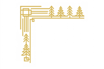 Decorative line art border with geometric trees and abstract corner design, transparent background