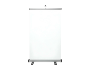 A simple, freestanding display, vertically oriented, with a blank white surface and a silver base