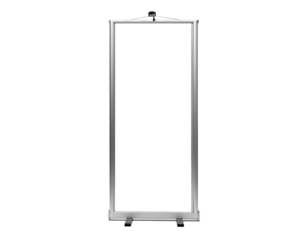 A minimalist, metallic banner stand, vertical on a black background, showcasing emptiness