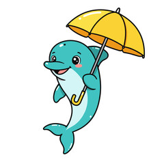 Obraz premium Happy turquoise cartoon dolphin holding a bright yellow umbrella. Isolated vector illustration.