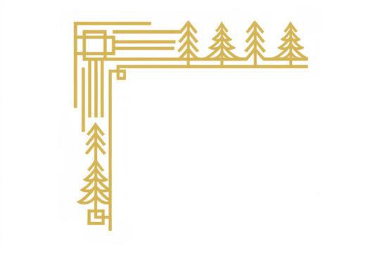 Decorative line art border with geometric trees and abstract corner design, transparent background