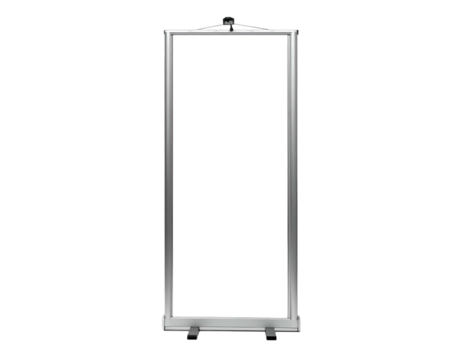A minimalist, metallic banner stand, vertical on a black background, showcasing emptiness