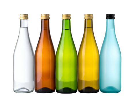 Five colorful glass bottles with gold caps, arranged in a line, isolated on black background