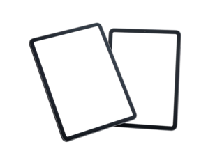 Two digital devices with white screens and dark frames, floating against a black background