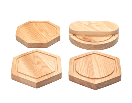 Four wooden cutting boards in different shapes, arranged on a black background