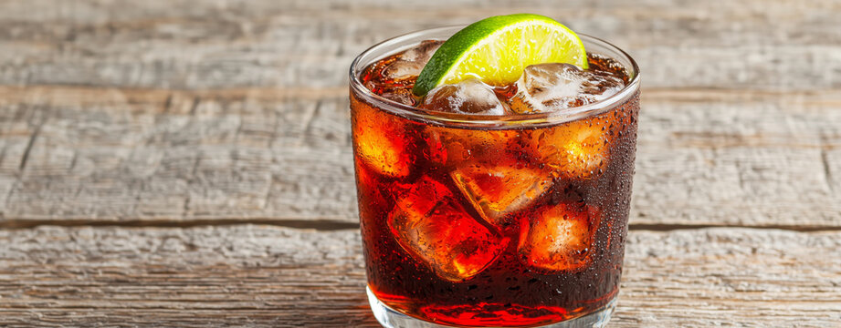 Refreshing rum and cocktail with ice and lime wedge on wooden table, inviting cold beverage and summer mood
