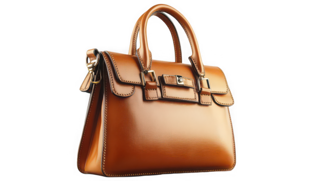 A shiny brown leather handbag with a handle and a flap closure on a black background studio shot