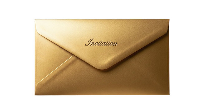 Elegant gold invitation envelope isolated on transparent background, perfect for weddings, parties, and special occasions, conveying sophistication and anticipation