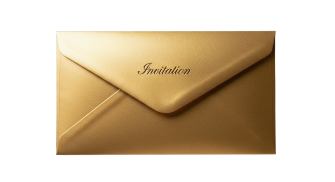 Elegant gold invitation envelope isolated on transparent background, perfect for weddings, parties, and special occasions, conveying sophistication and anticipation - Powered by Adobe
