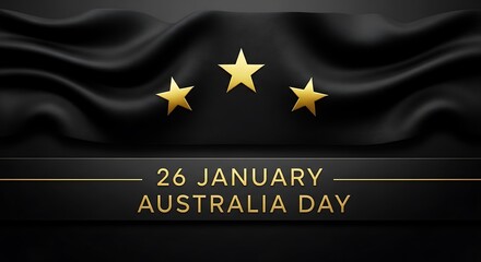 Elegant australia day 26 january celebration with golden stars on black wavy fabric background