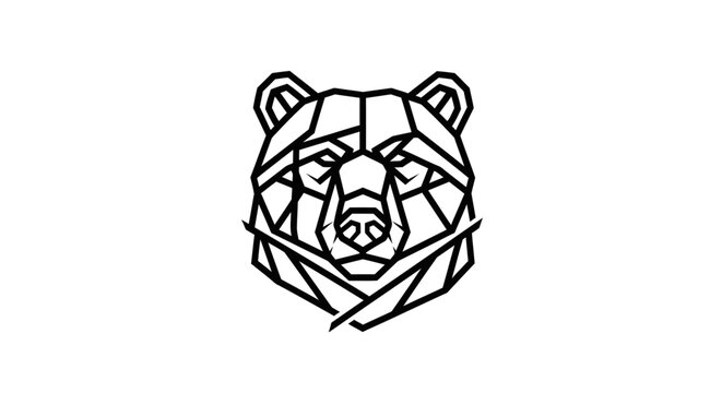 A geometric black and white illustration of a bear's head.
