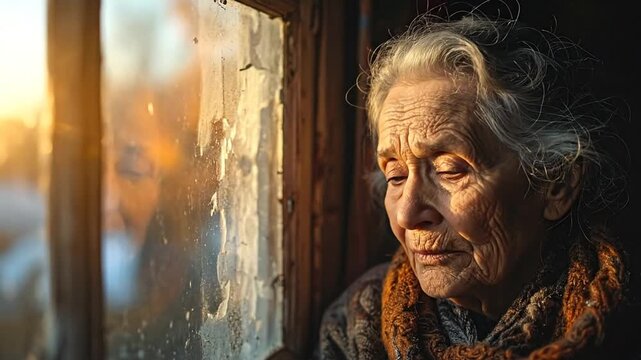 A pensive elderly woman with a lifetime of experience etched on her face gazes out a window, reflecting on memories amidst the serene glow of sunset