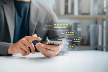satisfaction Customer review rating concept on smartphone with multiple star levels. User evaluating service and product quality through digital feedback for online reputation and customer analysis.