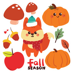 cute hand drawing cartoon fox with autumn falls element drawing for stickers, icon