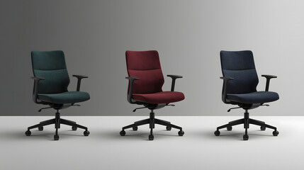 Three Modern Office Chairs in Different Colors on a White Background.