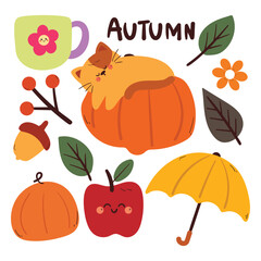 cute hand drawing cartoon cat with autumn falls element drawing for stickers, icon
