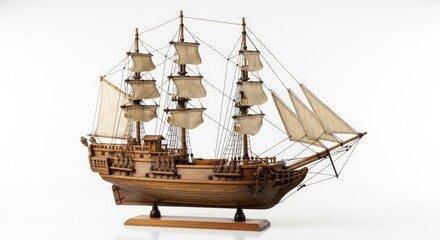 Naklejka premium A meticulously crafted wooden model of a tall ship with multiple sails set against a white background.