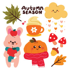 cute drawing cartoon bunny with autumn falls drawing and sticker
