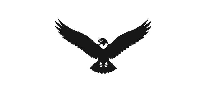 A black silhouette of an osprey with its wings spread wide, captured in flight against a white background.